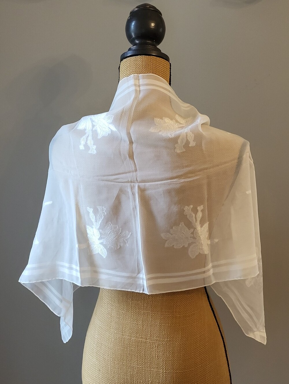Jacquard 60s Rayon White Sheer Floral Scarf Hand Rolled Hems Japan